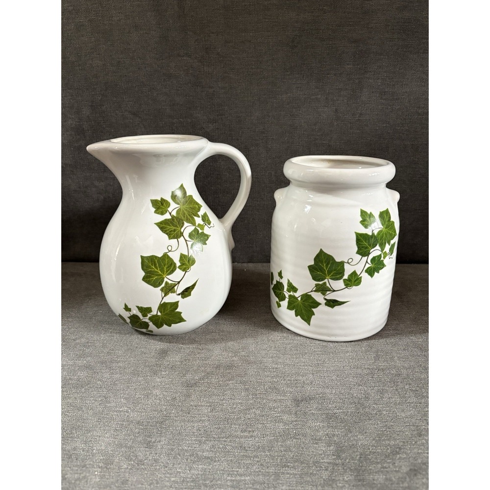 Handmade Decor Harris Pottery‎ Chicago, IL White Glaze & Ivy Pitcher And Crock